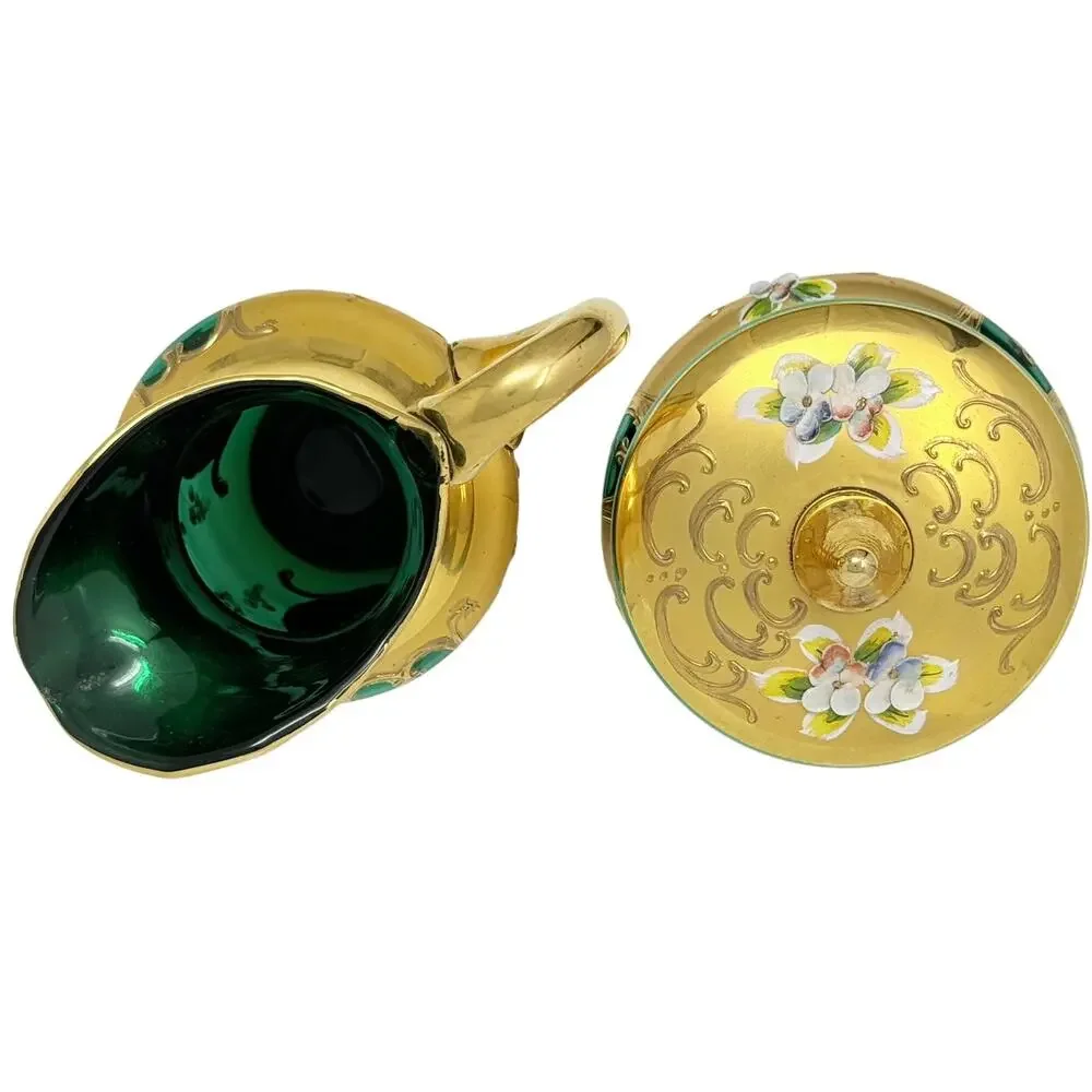 Vintage Emerald Green Gold Enamel Sugar Bowl & Creamer Set Floral